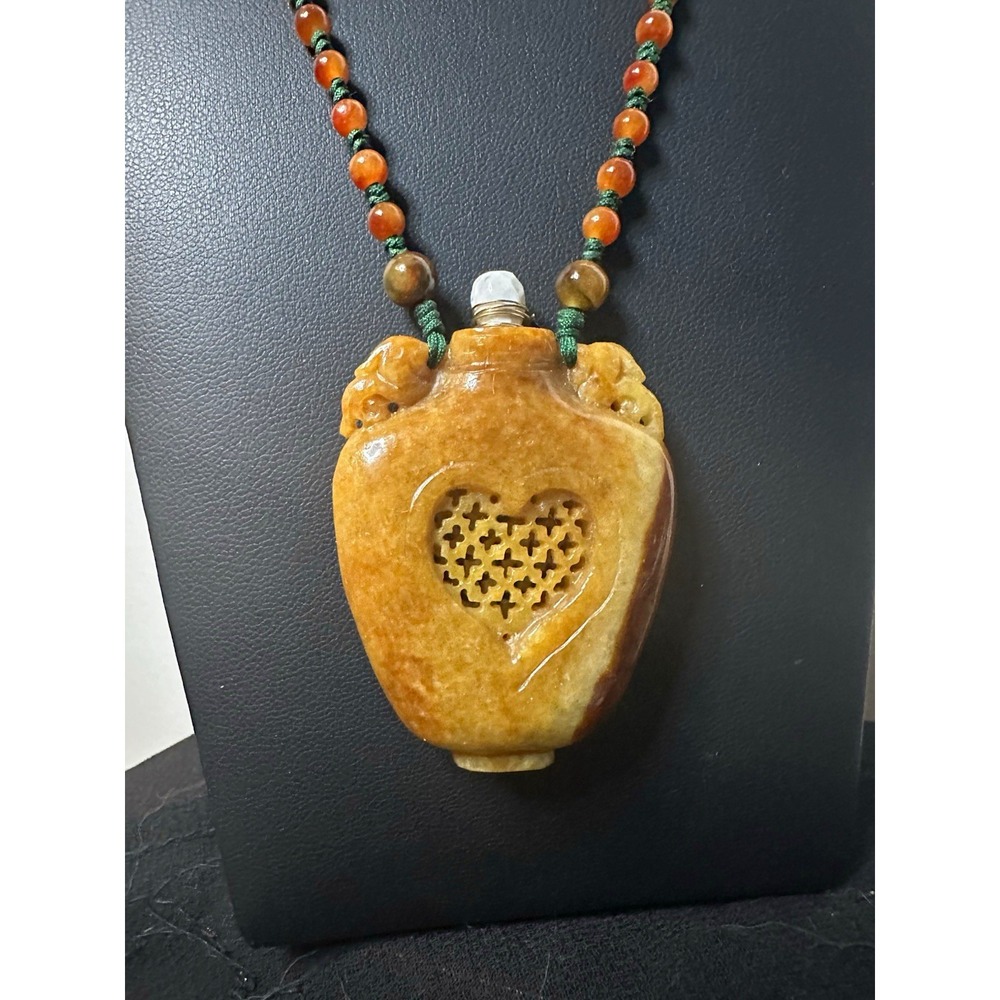 Vintage Open Work Yellow Jadeite Bottle Pendant Carnelian & Silk Cord Necklace